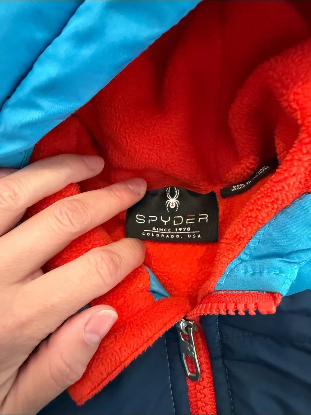Boys SPYDER Colorblock Hooded Puffer Jacket - Blue, Navy, White